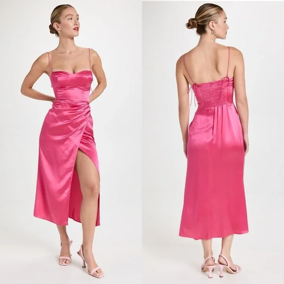 NEW NWT Reformation Marguerite 100% Silk Midi Dress In Flambe Bright Pink